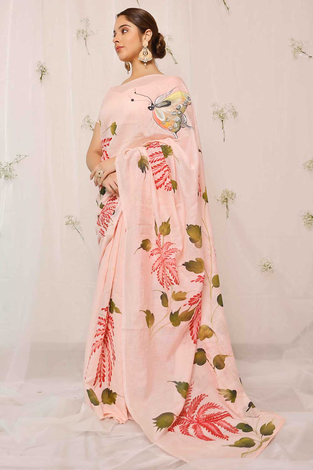 Peach Hand Painted Palm Leaves With Butterfly Chanderi Saree