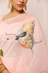 Peach Hand Painted Palm Leaves With Butterfly Chanderi Saree