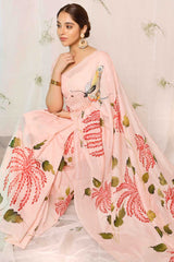 Peach Hand Painted Palm Leaves With Butterfly Chanderi Saree