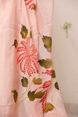 Peach Hand Painted Palm Leaves With Butterfly Chanderi Saree