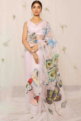 Hand Painted Colorful Butterfly Light Purple Organza Saree