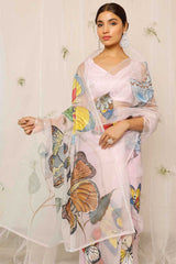 Hand Painted Colorful Butterfly Light Purple Organza Saree