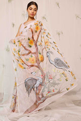 Hand Painted Crane Bird With Floral On Light Purple Organza Saree