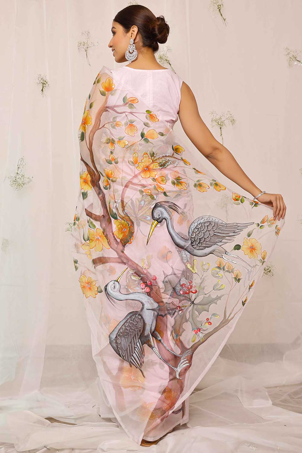 Hand Painted Crane Bird With Floral On Light Purple Organza Saree