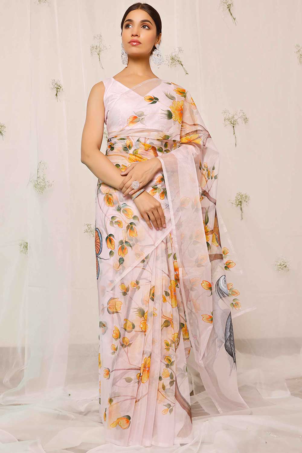 Hand Painted Crane Bird With Floral On Light Purple Organza Saree