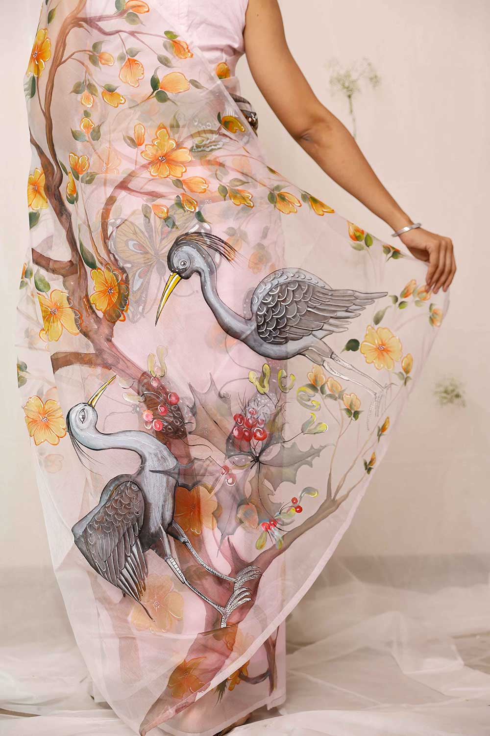 Hand Painted Crane Bird With Floral On Light Purple Organza Saree