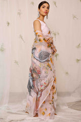 Hand Painted Crane Bird With Floral On Light Purple Organza Saree