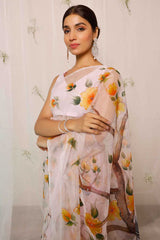 Hand Painted Crane Bird With Floral On Light Purple Organza Saree