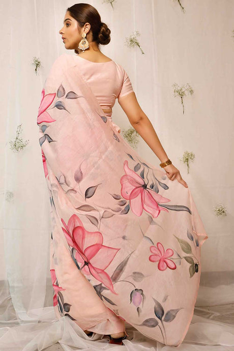 Hand Painted Pink Jasmine With Grey Leaves On Peach Chanderi Saree