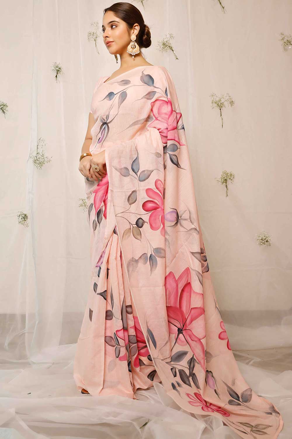 Hand Painted Pink Jasmine With Grey Leaves On Peach Chanderi Saree