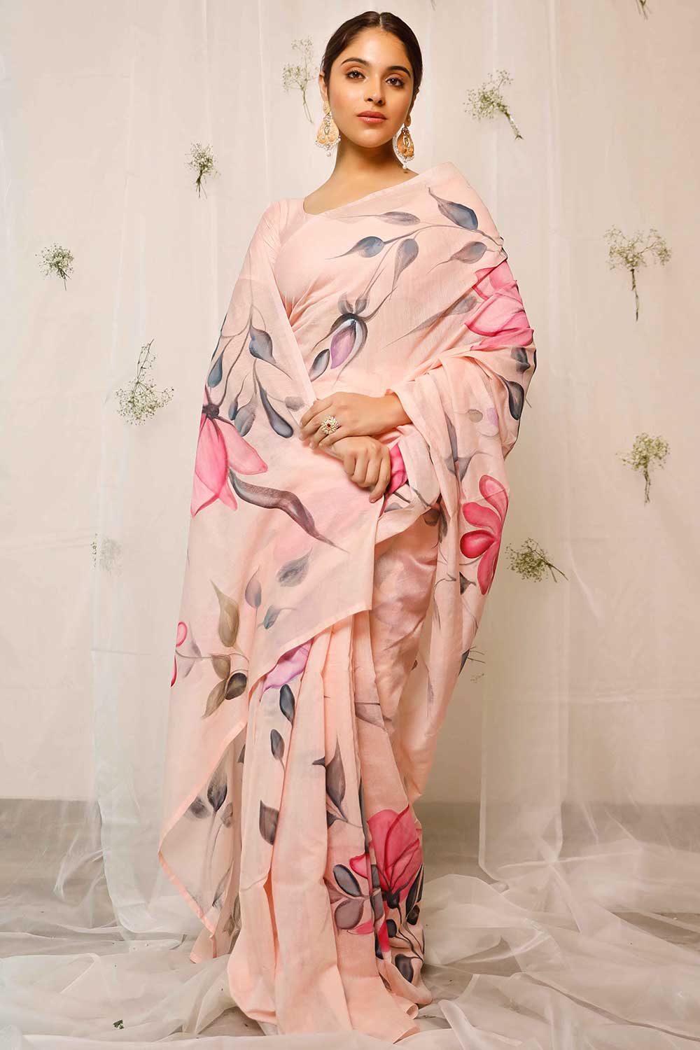 Hand Painted Pink Jasmine With Grey Leaves On Peach Chanderi Saree