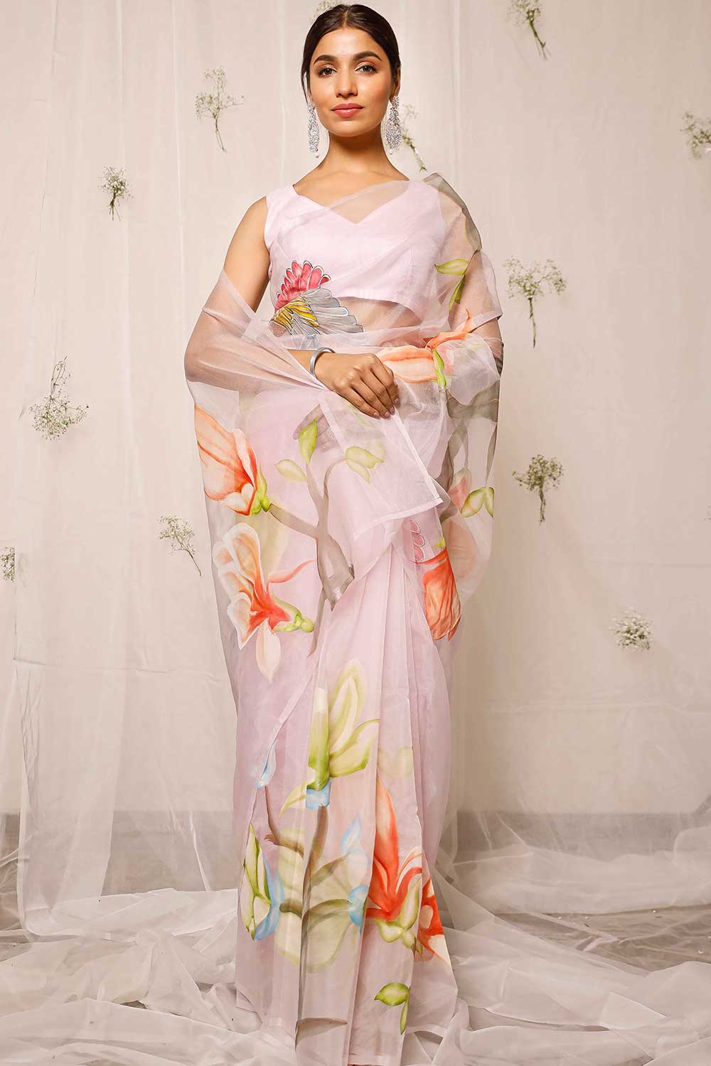 Hand Painted Sparrow With Floral On Light Purple Organza Saree