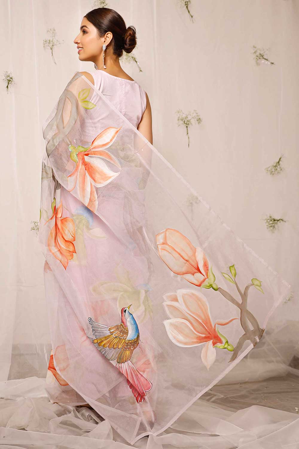 Hand Painted Sparrow With Floral On Light Purple Organza Saree