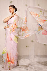 Hand Painted Sparrow With Floral On Light Purple Organza Saree