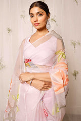 Hand Painted Sparrow With Floral On Light Purple Organza Saree