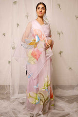 Hand Painted Sparrow With Floral On Light Purple Organza Saree