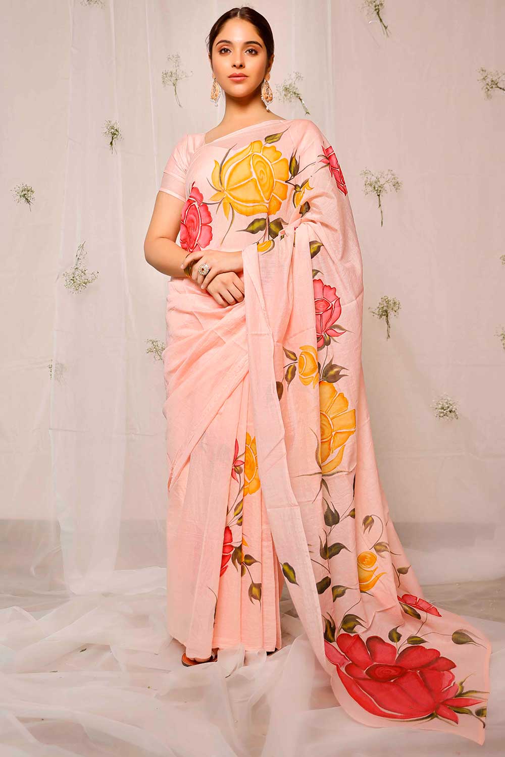 Hand Painted Red And Yellow Rose On Peach Chanderi Saree