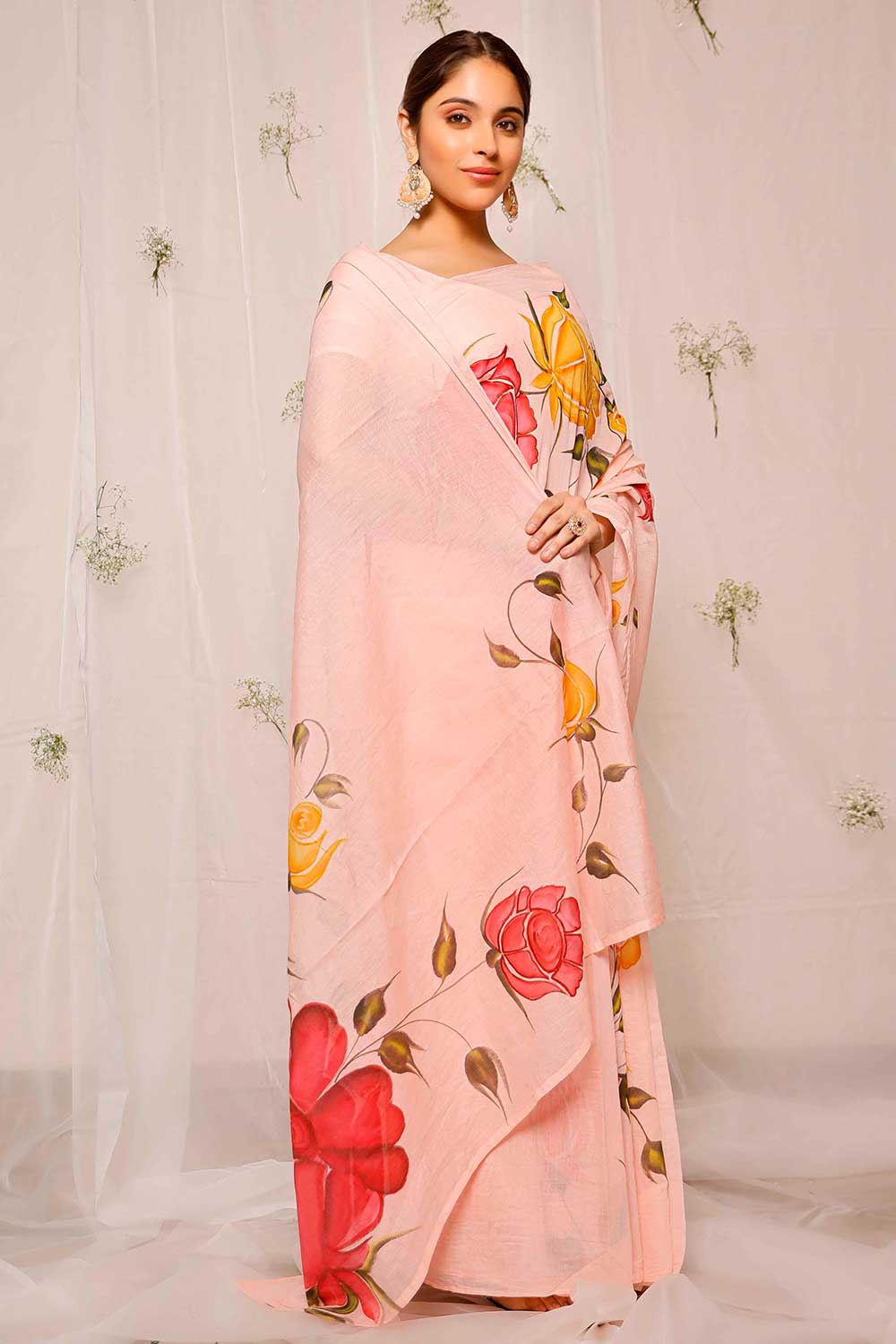 Hand Painted Red And Yellow Rose On Peach Chanderi Saree