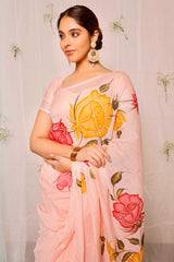 Hand Painted Red And Yellow Rose On Peach Chanderi Saree