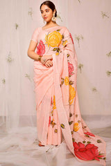 Hand Painted Red And Yellow Rose On Peach Chanderi Saree