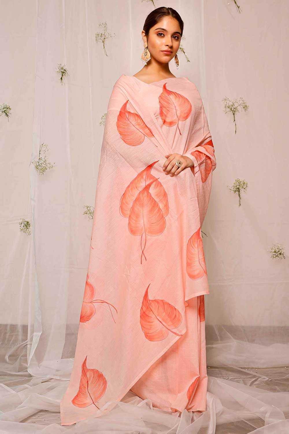 Hand Painted Coral Pink Coleus On Peach Chanderi Saree