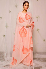 Hand Painted Coral Pink Coleus On Peach Chanderi Saree