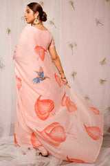 Hand Painted Coral Pink Coleus On Peach Chanderi Saree