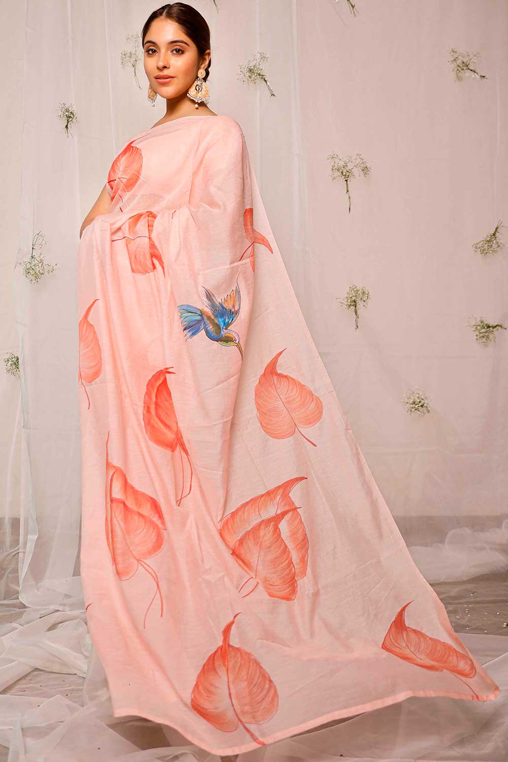 Hand Painted Coral Pink Coleus On Peach Chanderi Saree