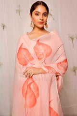 Hand Painted Coral Pink Coleus On Peach Chanderi Saree