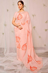 Hand Painted Coral Pink Coleus On Peach Chanderi Saree