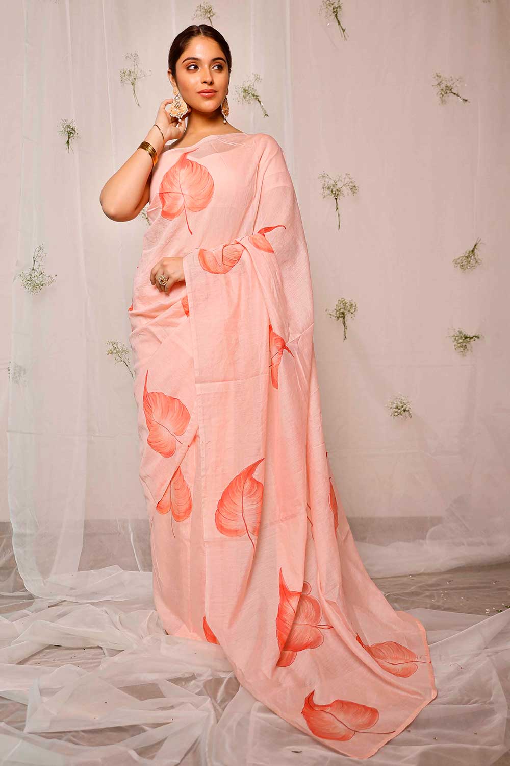 Hand Painted Coral Pink Coleus On Peach Chanderi Saree