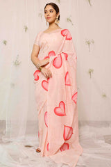 Hand Painted Pink Leaves On Peach Chanderi Saree