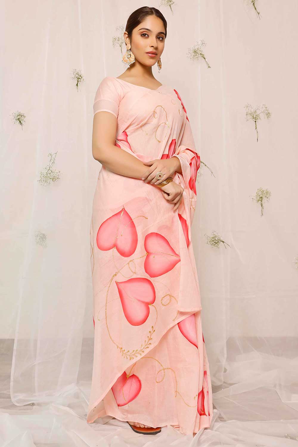 Hand Painted Pink Leaves On Peach Chanderi Saree