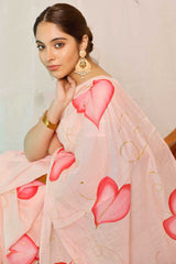 Hand Painted Pink Leaves On Peach Chanderi Saree