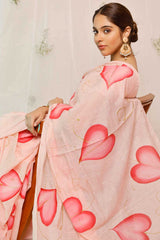 Hand Painted Pink Leaves On Peach Chanderi Saree