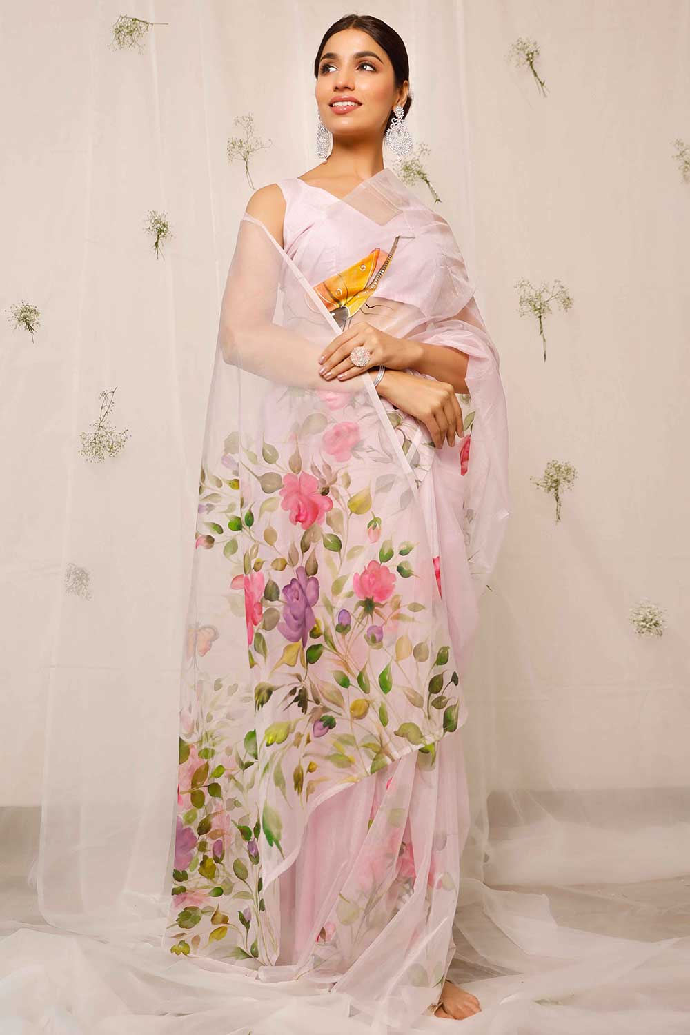 Hand Painted Lotus With Butterfly On Light Purple Organza Saree