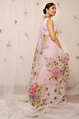 Hand Painted Lotus With Butterfly On Light Purple Organza Saree