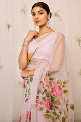 Hand Painted Lotus With Butterfly On Light Purple Organza Saree