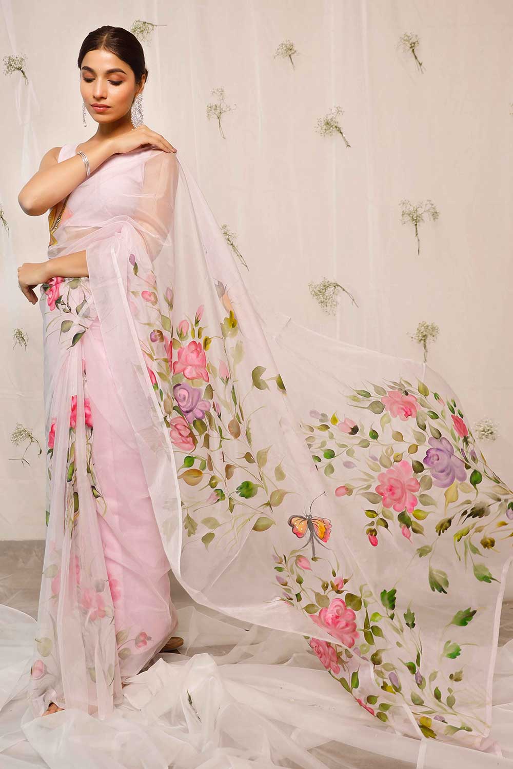 Hand Painted Lotus With Butterfly On Light Purple Organza Saree