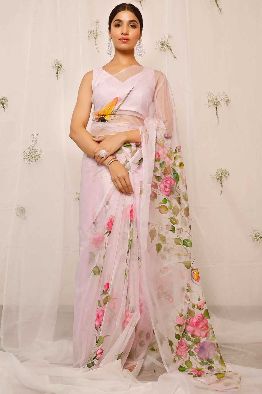 Hand Painted Lotus With Butterfly On Light Purple Organza Saree