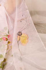 Hand Painted Lotus With Butterfly On Light Purple Organza Saree