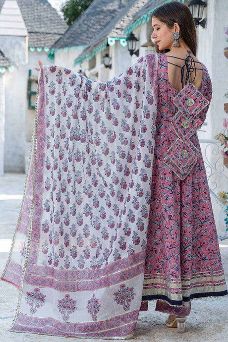 Pink Cotton Block Printed Anarkali Kurta Set With Duppata