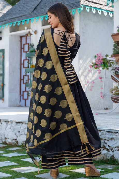 Black Cotton Embellished Work Anarkali Kurta Set With Duppata