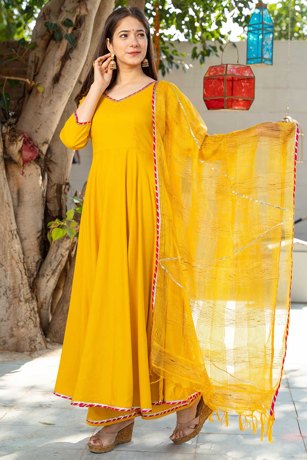 Sunshine Yellow Rayon Gota Work Anarkali Kurta Set With Duppata