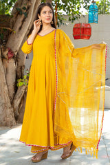 Sunshine Yellow Rayon Gota Work Anarkali Kurta Set With Duppata