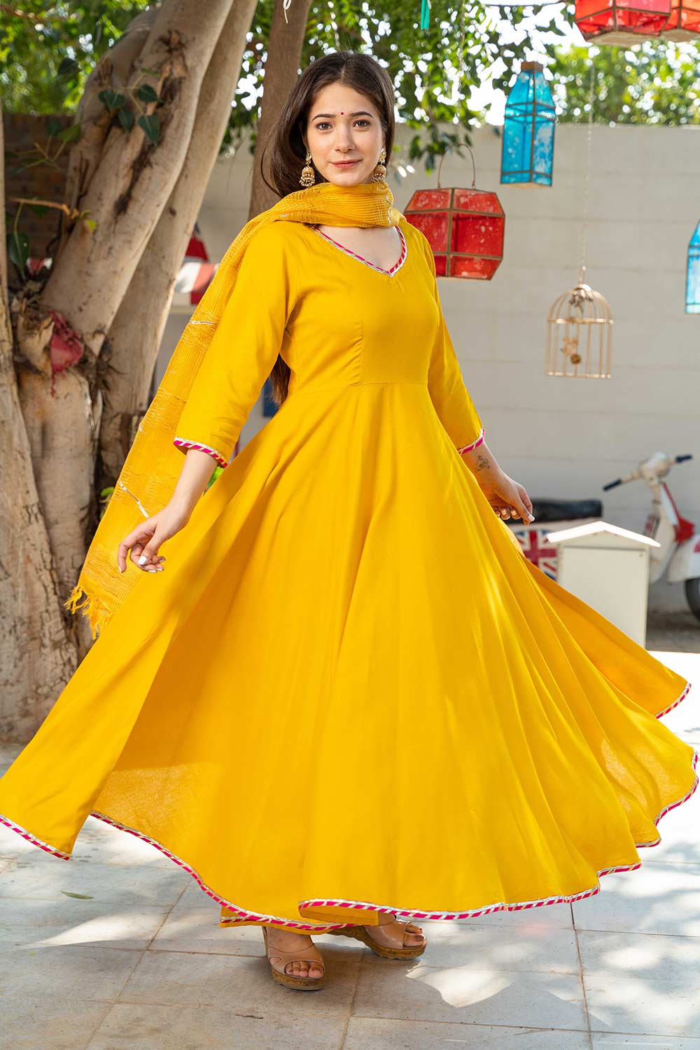 Sunshine Yellow Rayon Gota Work Anarkali Kurta Set With Duppata