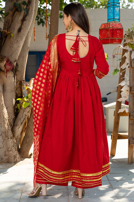 Royal Red Cotton Gota Work Anarkali Kurta Set With Duppata