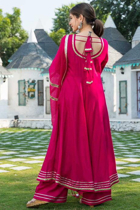 Rani Pink Rayon Gota Work Anarkali Kurta Set With Duppata