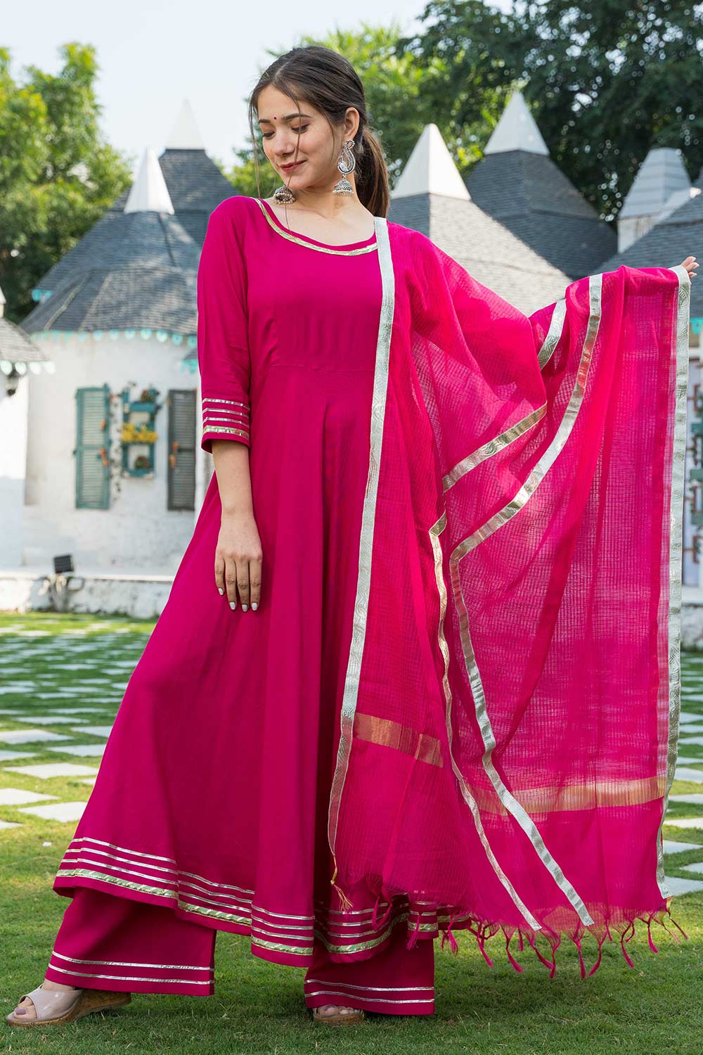 Rani Pink Rayon Gota Work Anarkali Kurta Set With Duppata