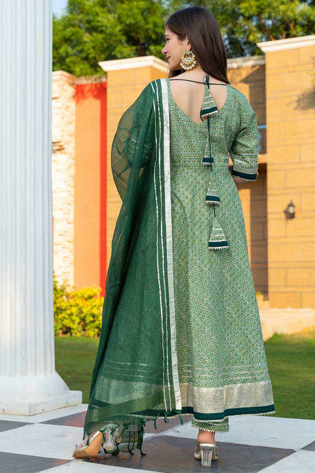 Green Cotton Gota Work Anarkali Kurta Set With Duppata